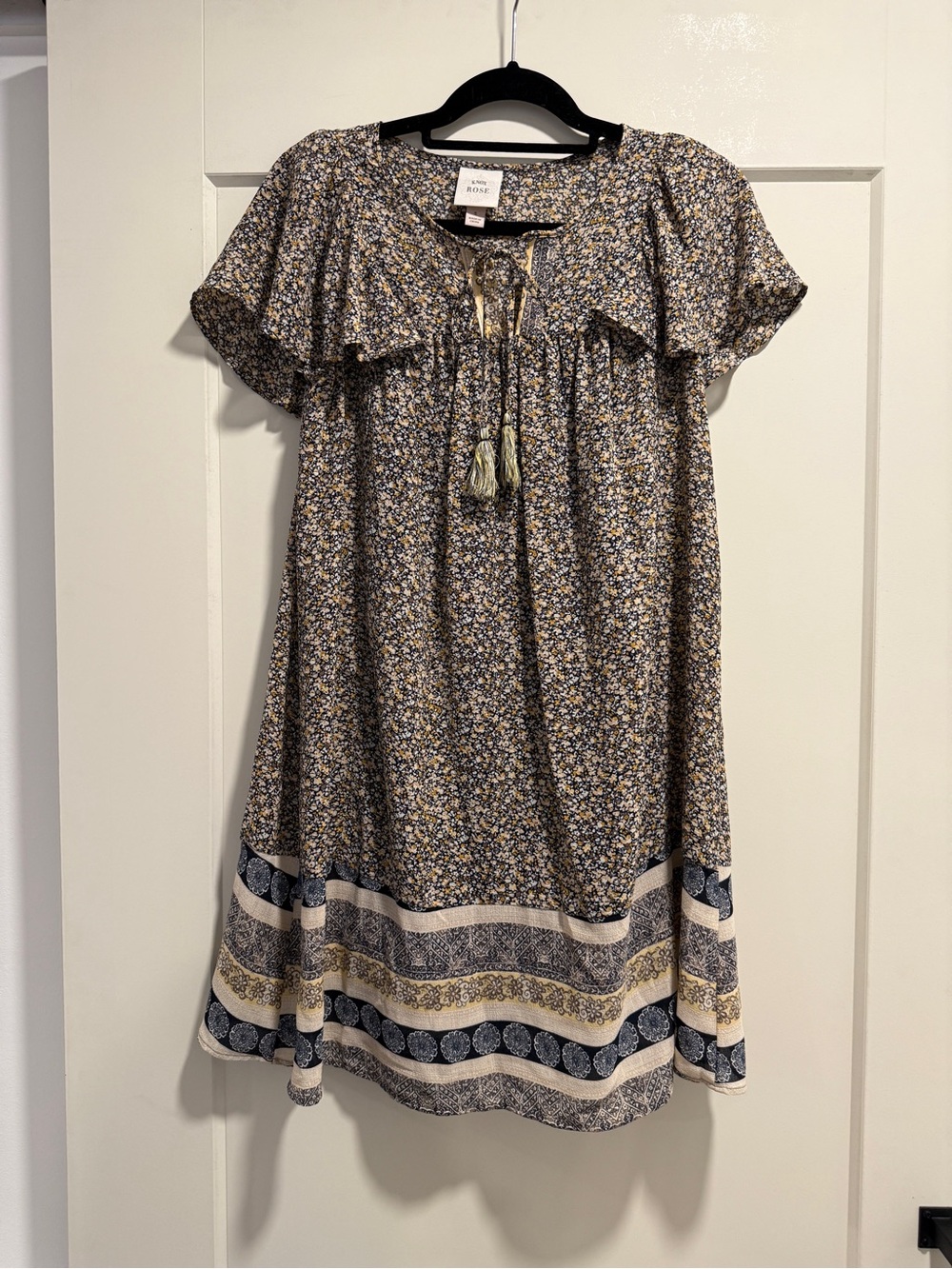 Knox Rose Navy & Cream Floral Midi Dress with Tassel Tie
